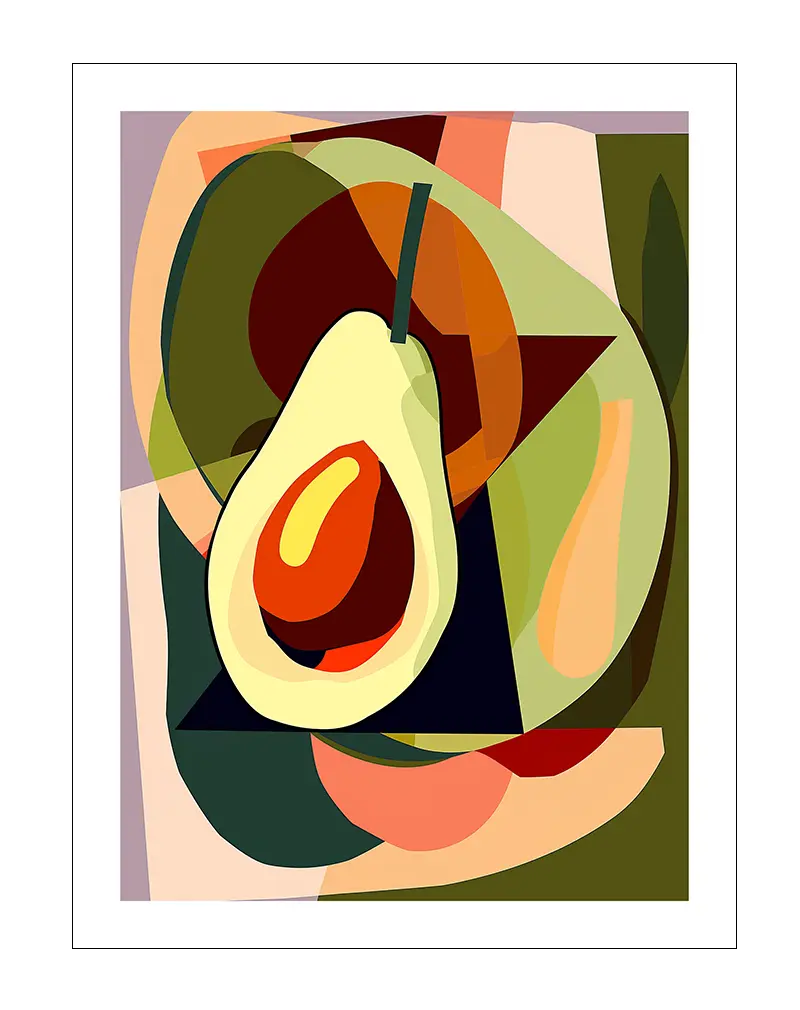 An abstract illustration of a pear with bold, vibrant shapes and colors. Perfect wall art for adding a touch of modern art and fresh energy to any room