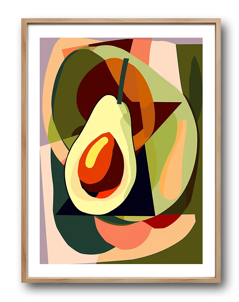 An abstract illustration of a pear with bold, vibrant shapes and colors. Perfect wall art for adding a touch of modern art and fresh energy to any room