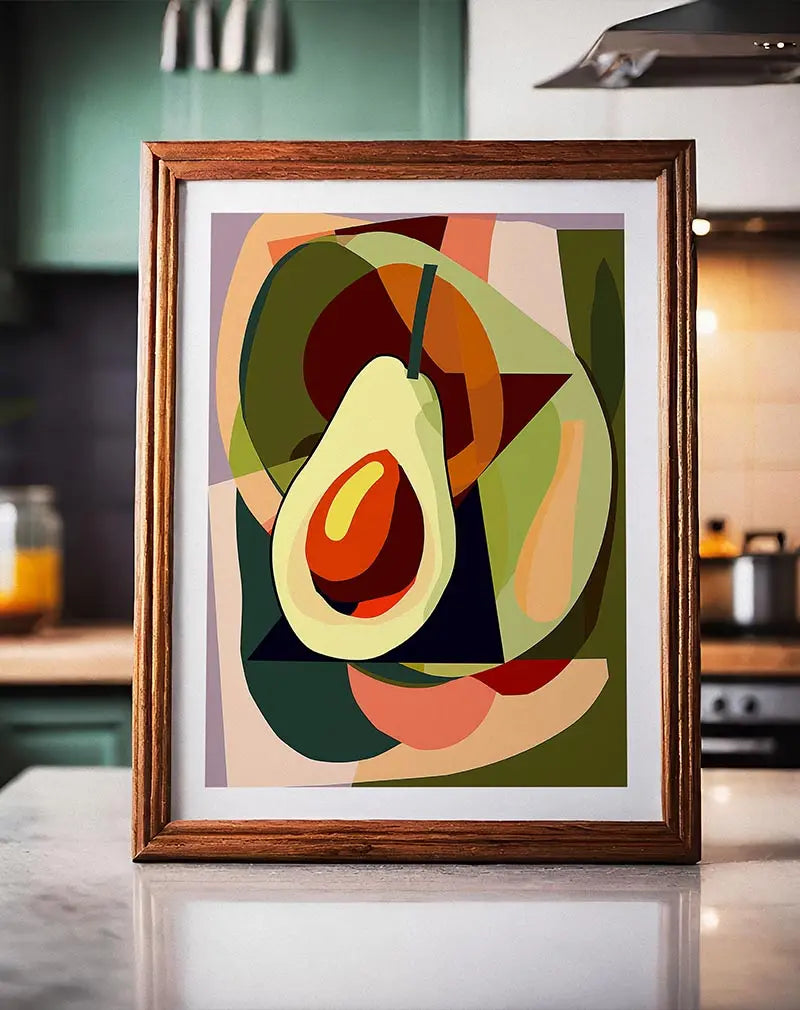 Abstract avocado artwork with bold geometric shapes.