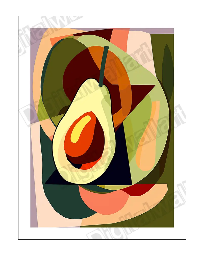 Abstract avocado artwork with bold geometric shapes.