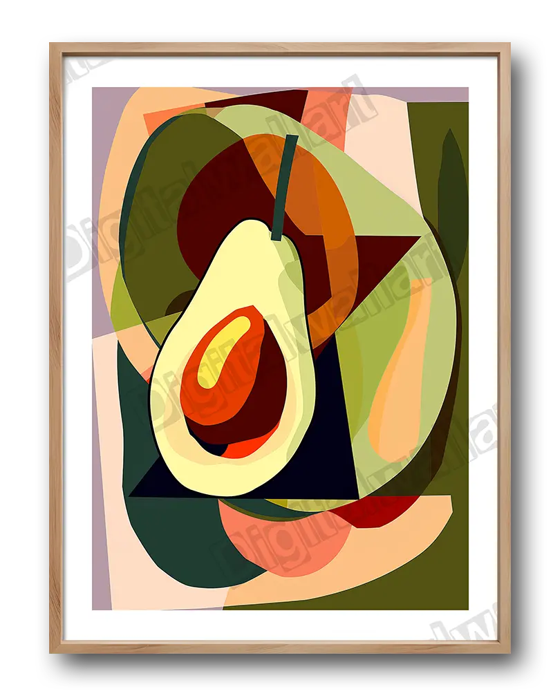 Abstract avocado artwork with bold geometric shapes.