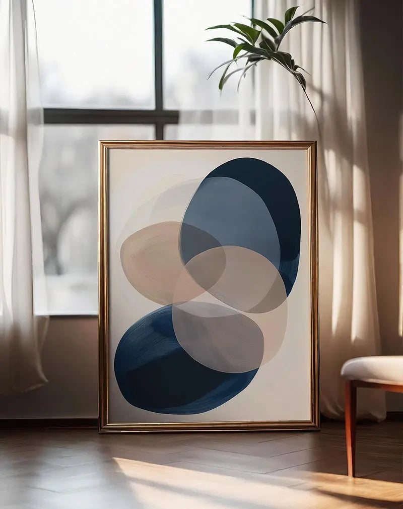 A modern abstract illustration with overlapping geometric shapes in neutral tones. Perfect wall art for adding a calm and sophisticated touch to any living space