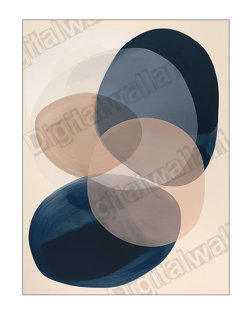 Abstract overlapping shapes in blue and beige.