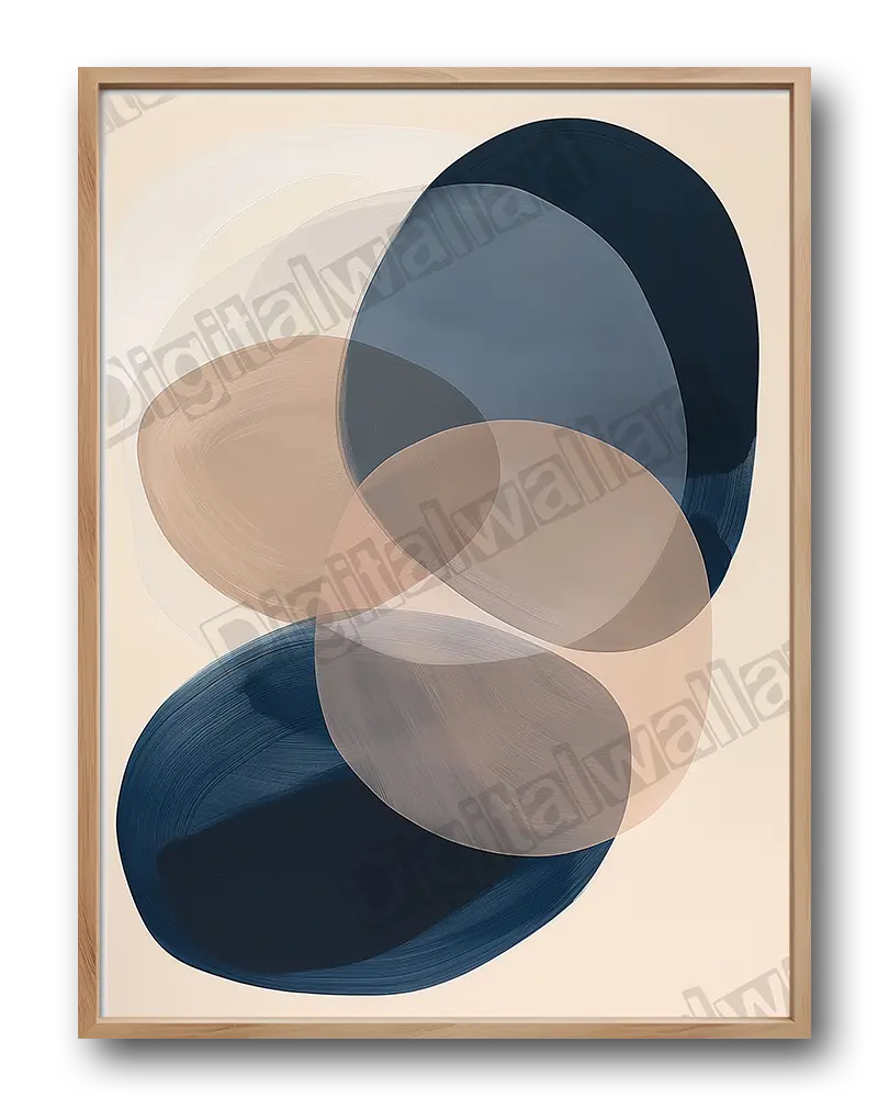 Abstract overlapping shapes in blue and beige.