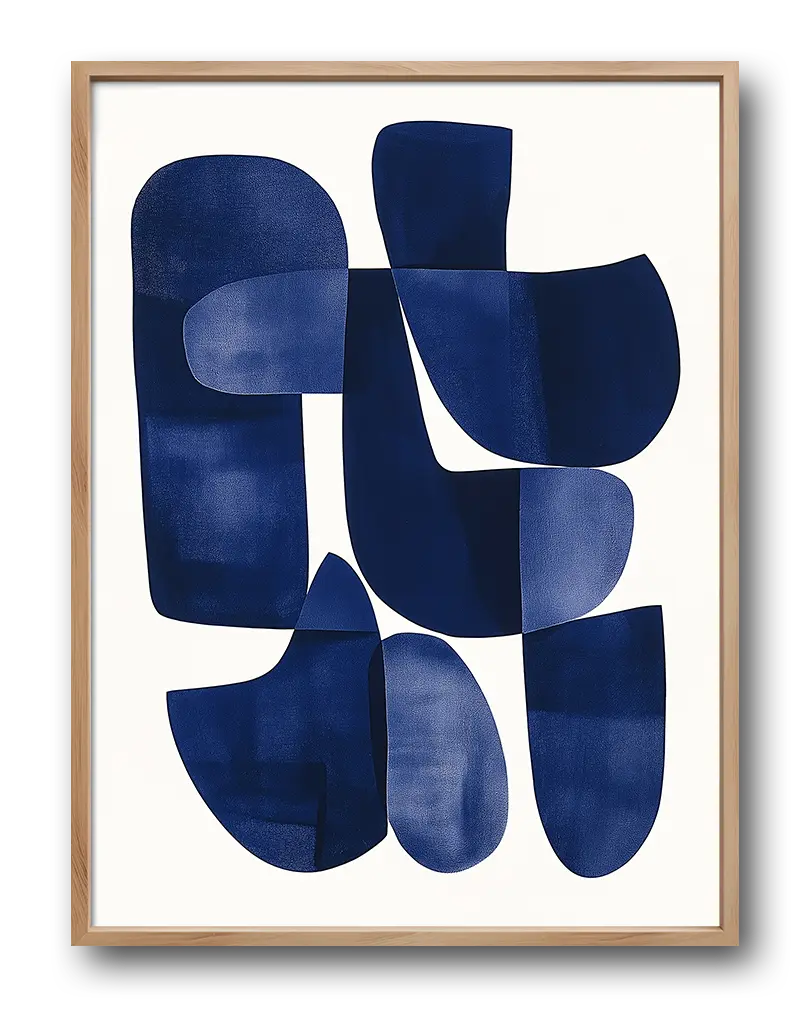 A modern abstract illustration featuring overlapping blue shapes on a light background. Perfect wall art for creating a minimalist and artistic atmosphere in any space