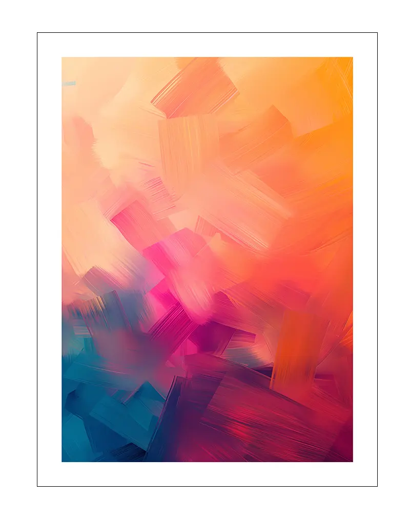 A dynamic abstract illustration with bold brushstrokes in vibrant hues of orange, pink, and blue. Perfect wall art for brightening up any room and adding a modern touch