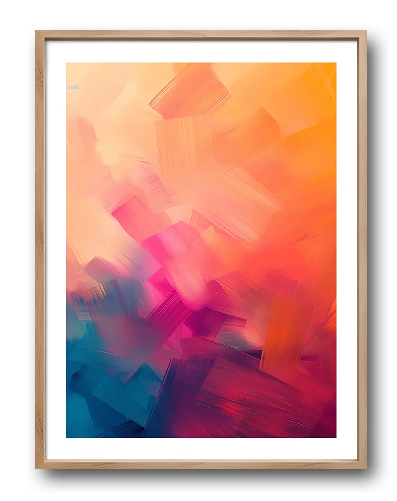 A dynamic abstract illustration with bold brushstrokes in vibrant hues of orange, pink, and blue. Perfect wall art for brightening up any room and adding a modern touch