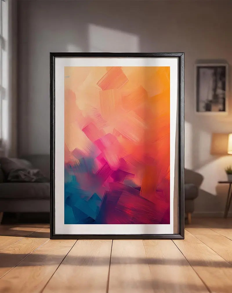 A dynamic abstract illustration with bold brushstrokes in vibrant hues of orange, pink, and blue. Perfect wall art for brightening up any room and adding a modern touch