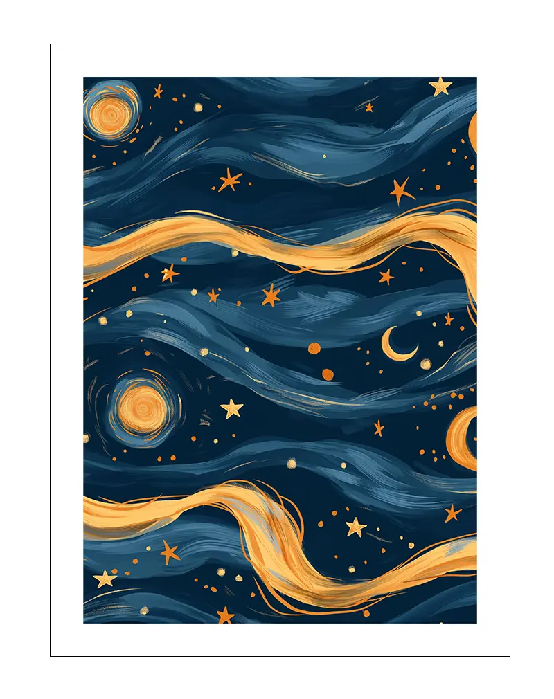 A swirling starry night illustration featuring dark blue skies and golden accents of stars and celestial bodies. Perfect wall art to inspire imagination and bring a dreamy atmosphere to your space