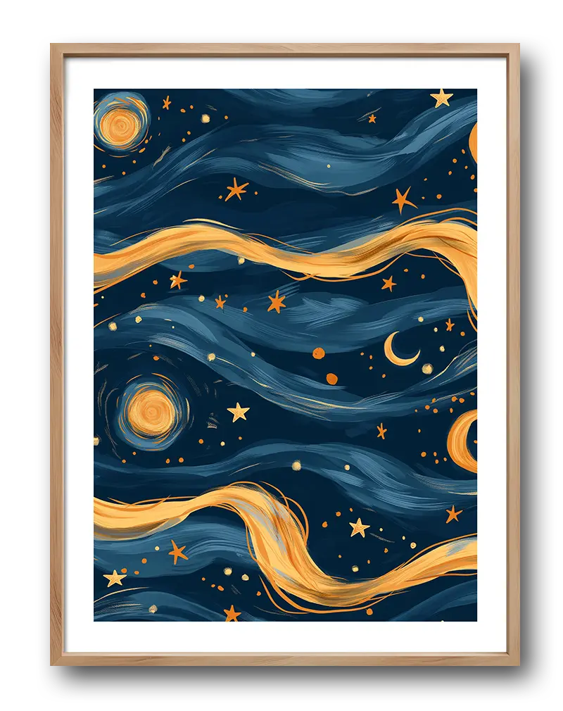 A swirling starry night illustration featuring dark blue skies and golden accents of stars and celestial bodies. Perfect wall art to inspire imagination and bring a dreamy atmosphere to your space