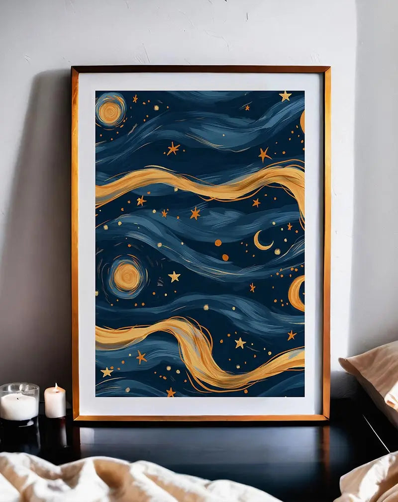 A swirling starry night illustration featuring dark blue skies and golden accents of stars and celestial bodies. Perfect wall art to inspire imagination and bring a dreamy atmosphere to your space