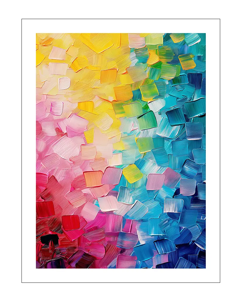 A vibrant textured painting featuring a gradient of colors from pinks and yellows to blues. Perfect wall art to add a burst of energy and color to any room