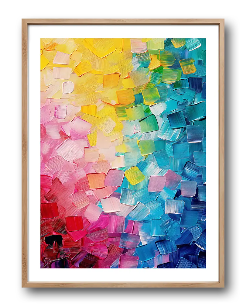 A vibrant textured painting featuring a gradient of colors from pinks and yellows to blues. Perfect wall art to add a burst of energy and color to any room