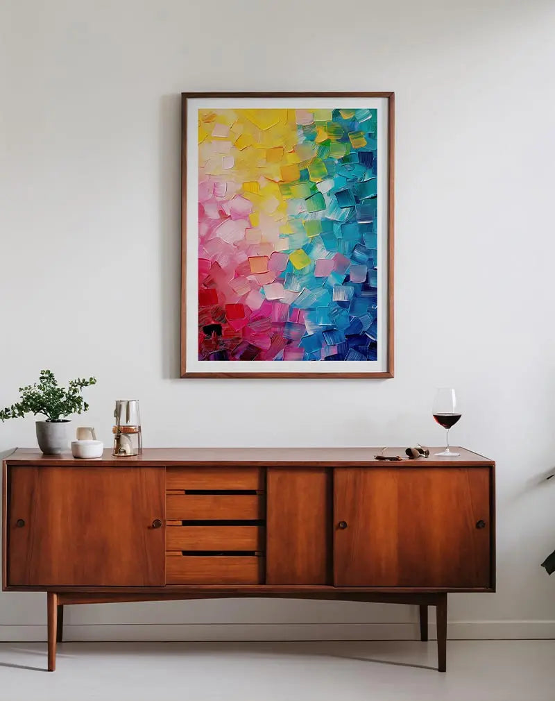 A vibrant textured painting featuring a gradient of colors from pinks and yellows to blues. Perfect wall art to add a burst of energy and color to any room