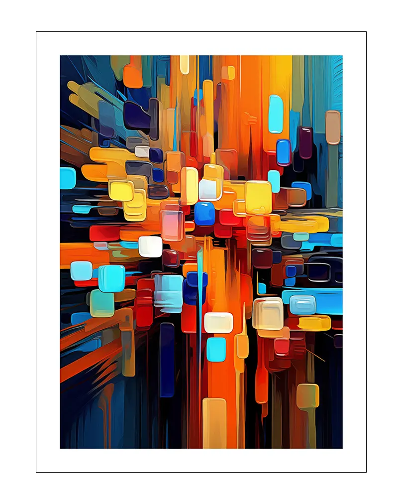 A dynamic abstract illustration featuring vibrant geometric shapes in a mix of warm and cool tones. Perfect wall art for modern spaces, bringing energy and movement into your decor