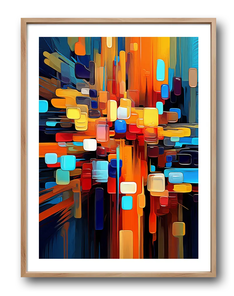 A dynamic abstract illustration featuring vibrant geometric shapes in a mix of warm and cool tones. Perfect wall art for modern spaces, bringing energy and movement into your decor