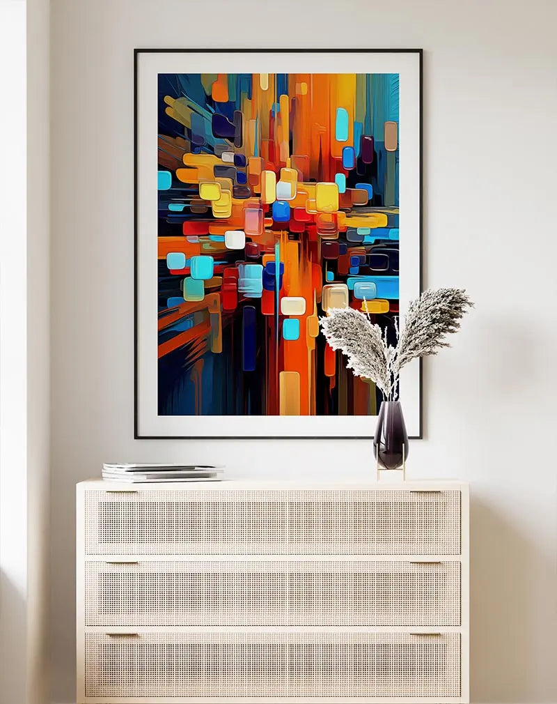 A dynamic abstract illustration featuring vibrant geometric shapes in a mix of warm and cool tones. Perfect wall art for modern spaces, bringing energy and movement into your decor