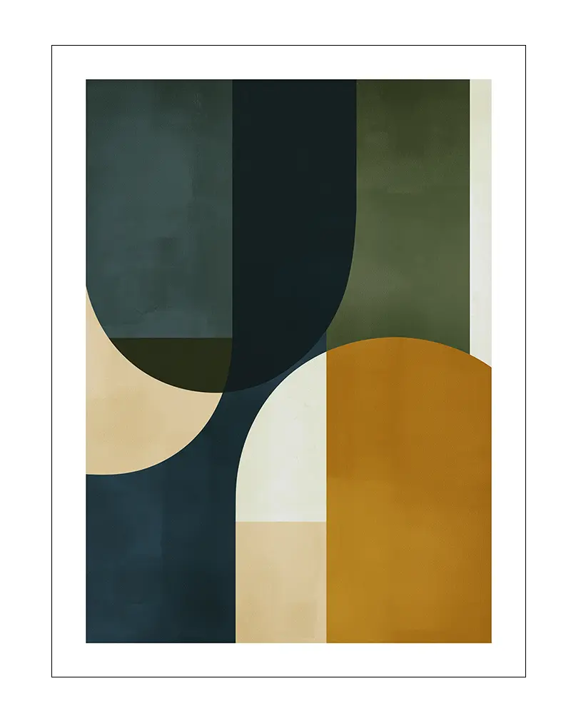 Geometric abstract wall art with green, yellow, and beige shapes, perfect for modern living room or minimalist office decor