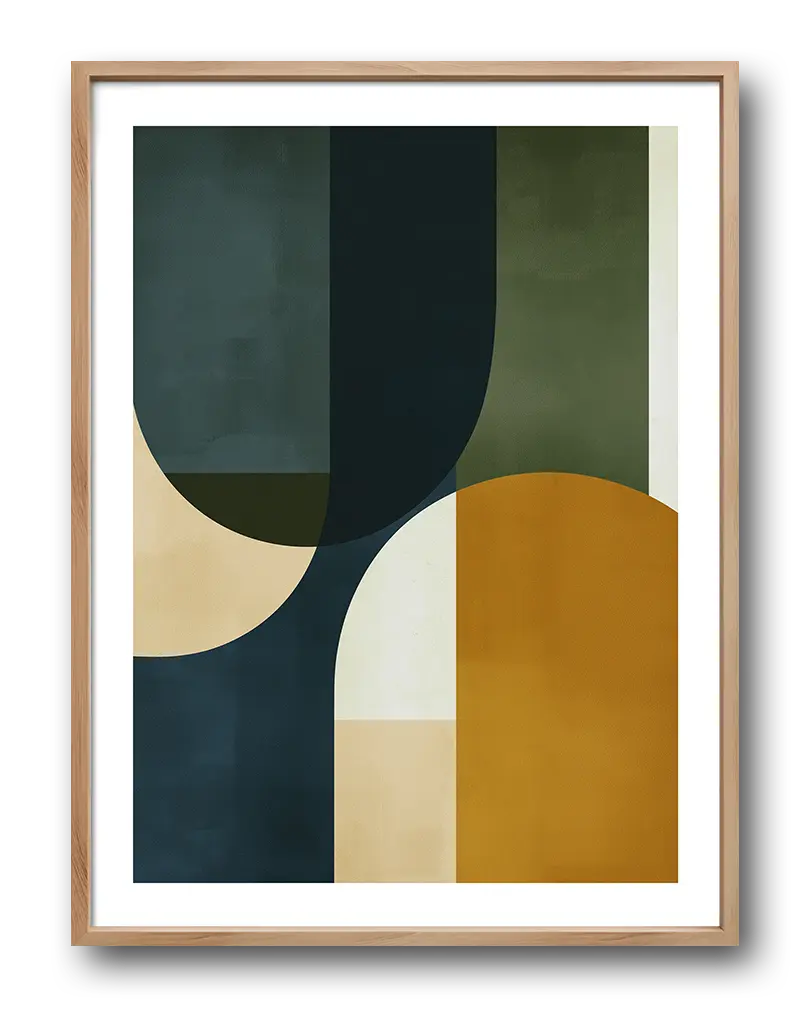 Geometric abstract wall art with green, yellow, and beige shapes, perfect for modern living room or minimalist office decor