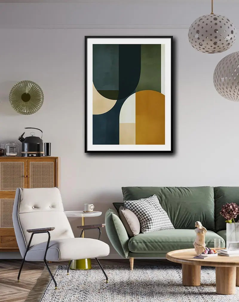 Geometric abstract wall art with green, yellow, and beige shapes, perfect for modern living room or minimalist office decor