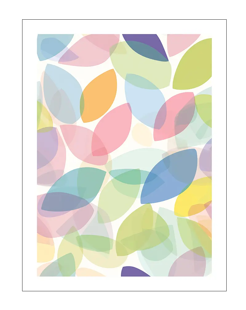 Abstract leaf wall art with multicolored translucent leaves in soft pastel shades, ideal for bright and playful home decor