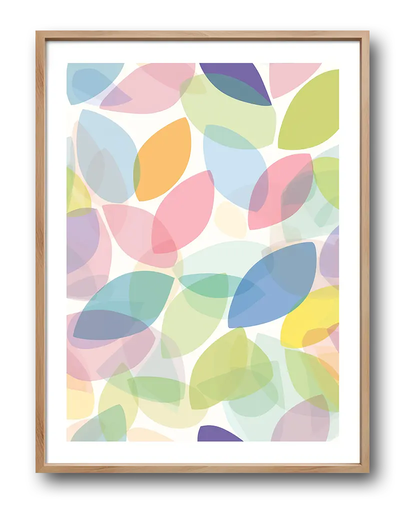 Abstract leaf wall art with multicolored translucent leaves in soft pastel shades, ideal for bright and playful home decor