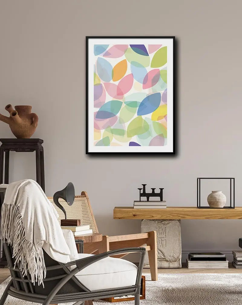 Abstract leaf wall art with multicolored translucent leaves in soft pastel shades, ideal for bright and playful home decor