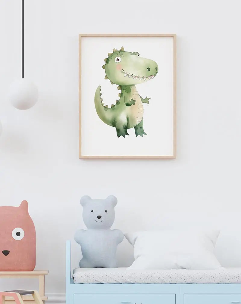 Adorable cartoon dinosaur illustration, perfect for children's room or nursery decor