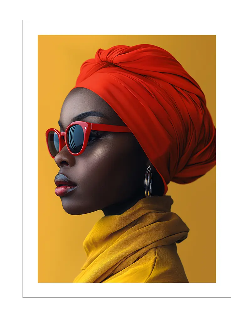 Modern portrait of an African woman wearing a red headscarf and sunglasses, set against a vibrant yellow background, perfect for stylish and bold home decor