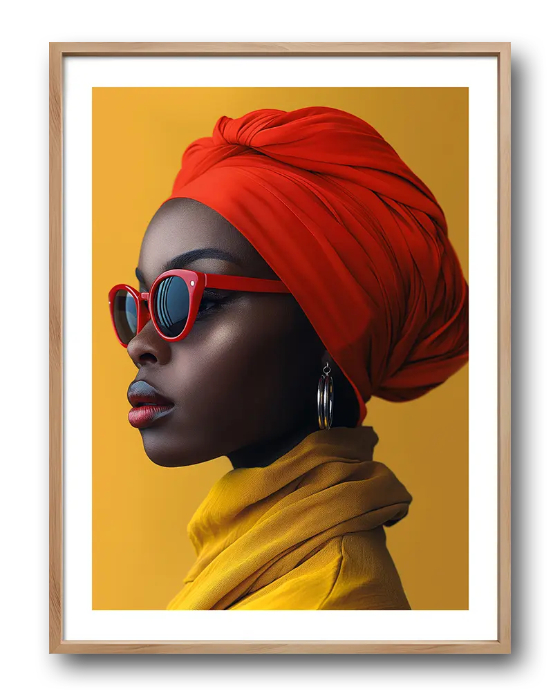 Modern portrait of an African woman wearing a red headscarf and sunglasses, set against a vibrant yellow background, perfect for stylish and bold home decor