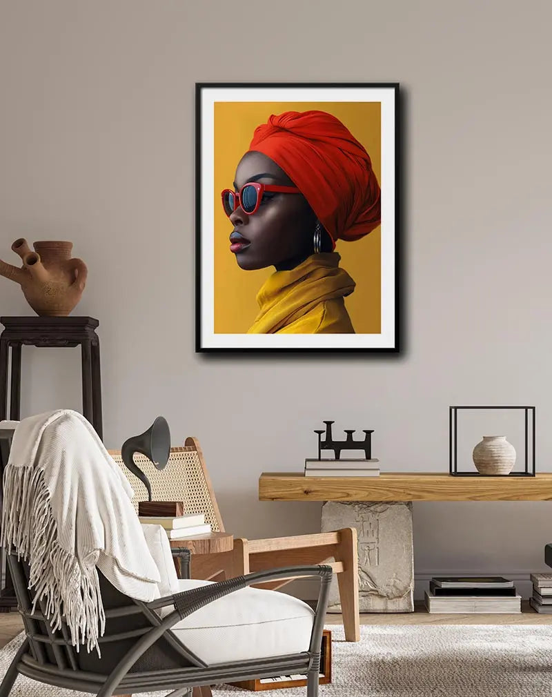 Modern portrait of an African woman wearing a red headscarf and sunglasses, set against a vibrant yellow background, perfect for stylish and bold home decor