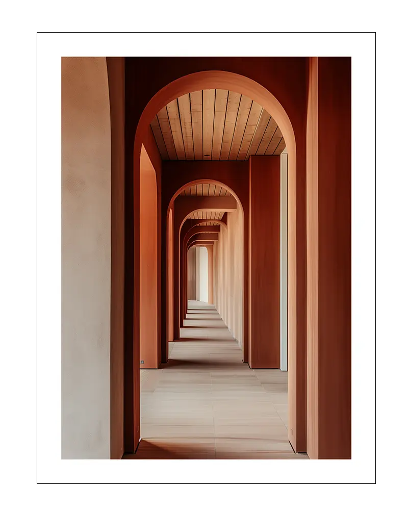 Modern architectural design featuring a series of red arched corridors with wooden ceilings, creating a sense of depth and symmetry, ideal for minimalist and contemporary home decor