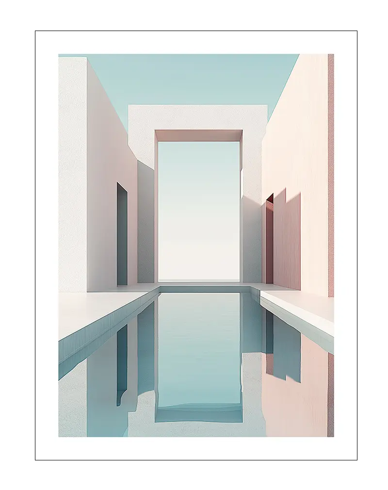 A minimalist architectural scene featuring pastel-colored buildings with a central pool reflecting the soft blue sky.