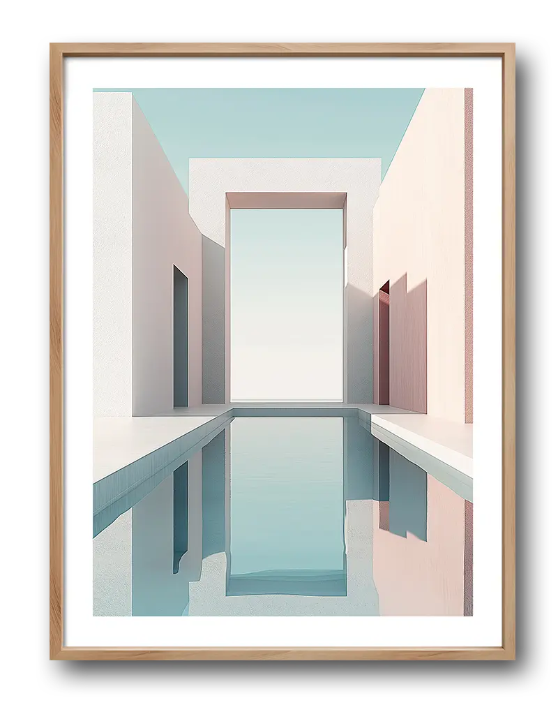 A minimalist architectural scene featuring pastel-colored buildings with a central pool reflecting the soft blue sky.