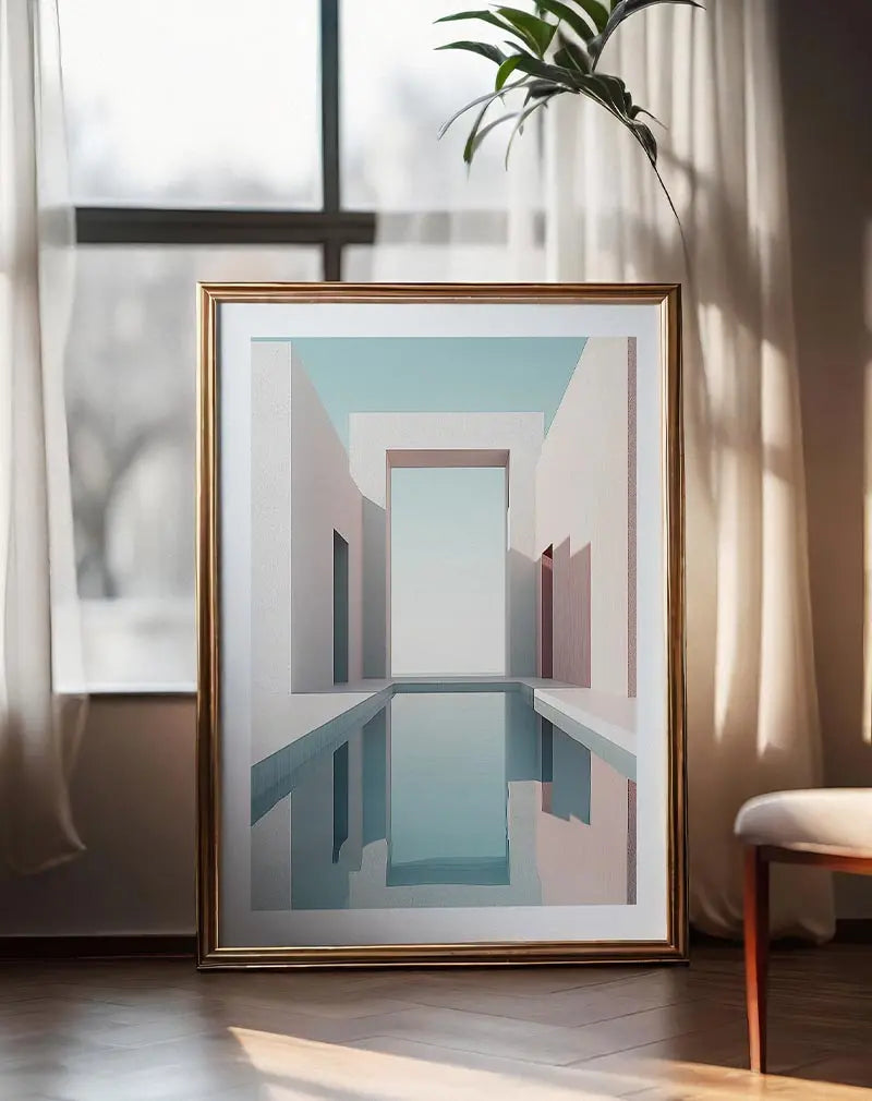 A minimalist architectural scene featuring pastel-colored buildings with a central pool reflecting the soft blue sky.