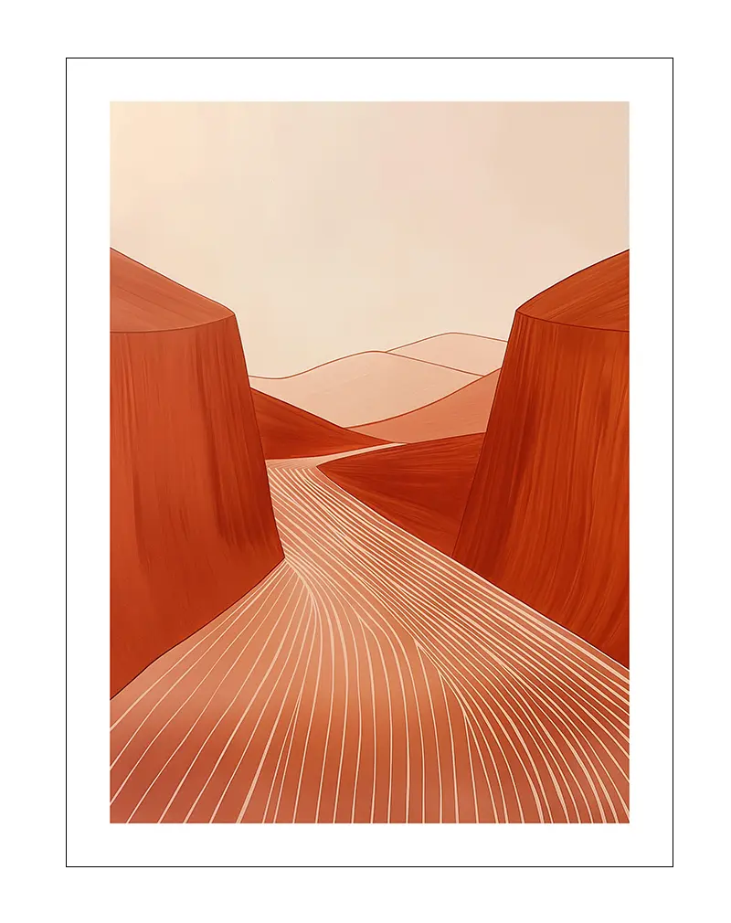 Minimalist abstract canyon landscape with soft earthy tones and flowing lines, ideal for modern and minimalist home decor