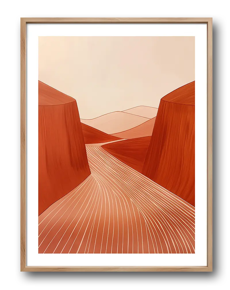 Minimalist abstract canyon landscape with soft earthy tones and flowing lines, ideal for modern and minimalist home decor