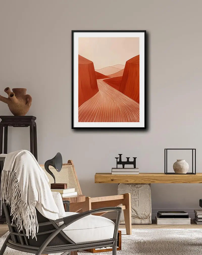 Minimalist abstract canyon landscape with soft earthy tones and flowing lines, ideal for modern and minimalist home decor