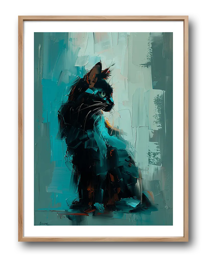 Abstract painting of a black cat with bold brushstrokes and teal accents, perfect for modern and artistic home decor