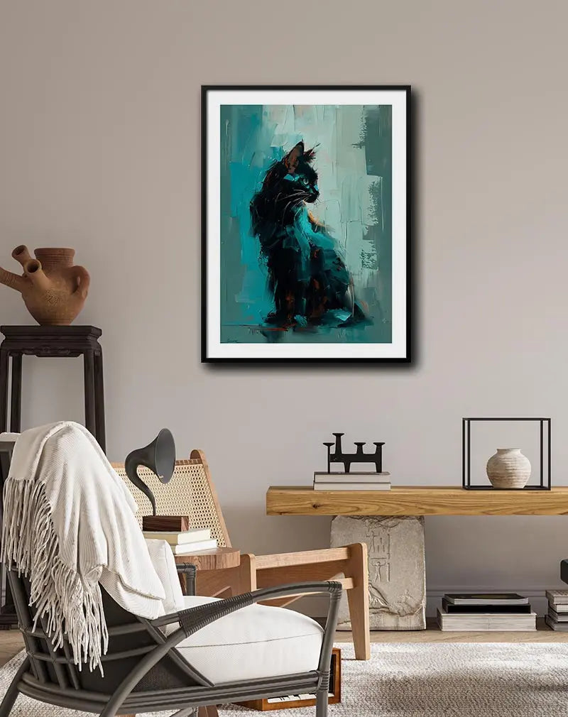 Abstract painting of a black cat with bold brushstrokes and teal accents, perfect for modern and artistic home decor