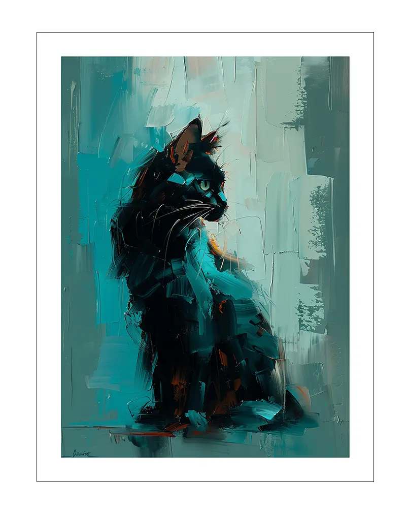 Abstract painting of a black cat with bold brushstrokes and teal accents, perfect for modern and artistic home decor