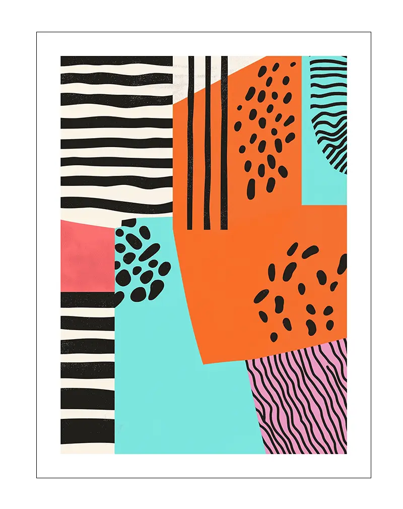 Abstract wall art featuring bold patterns and vibrant colors, including black stripes, orange, turquoise, and pink, ideal for modern and eclectic home decor