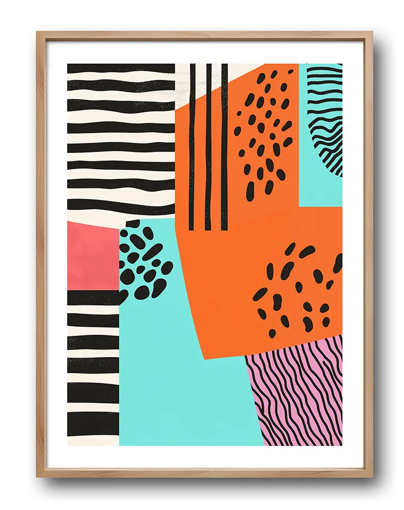 Abstract wall art featuring bold patterns and vibrant colors, including black stripes, orange, turquoise, and pink, ideal for modern and eclectic home decor