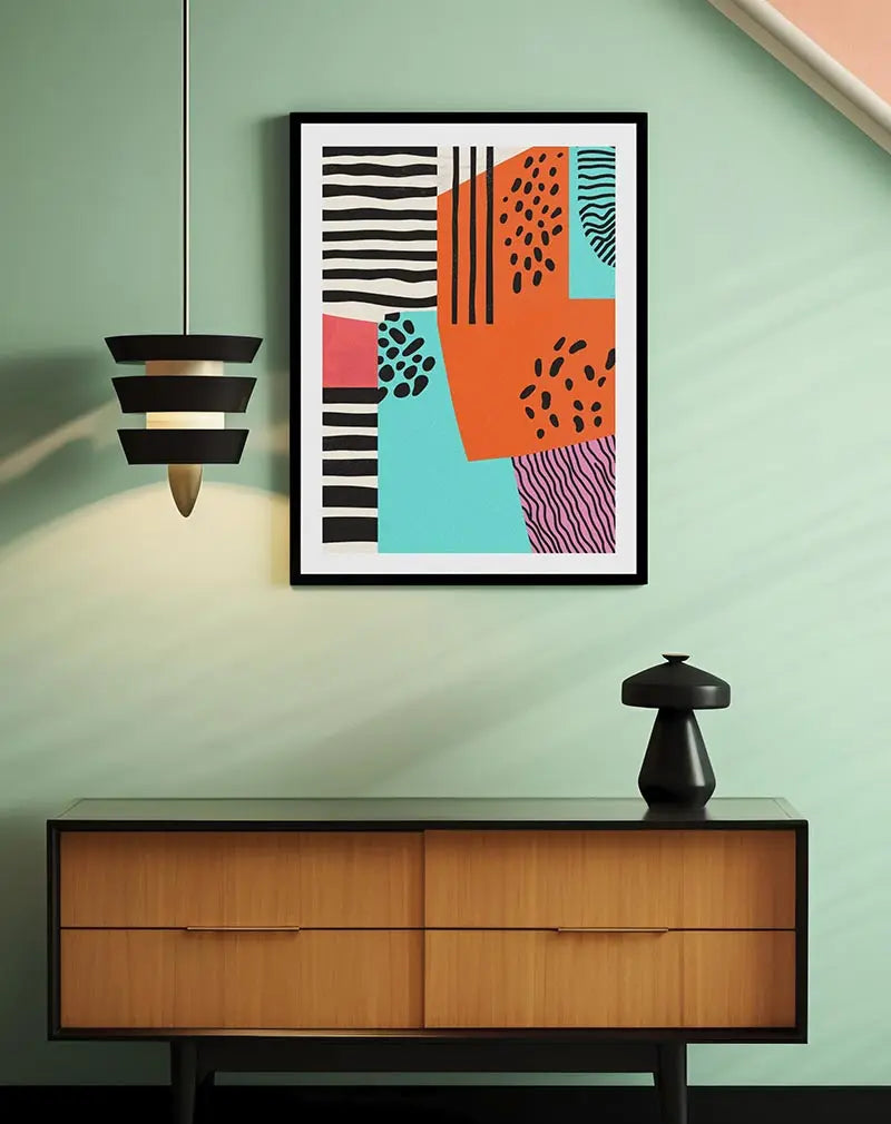 Abstract wall art featuring bold patterns and vibrant colors, including black stripes, orange, turquoise, and pink, ideal for modern and eclectic home decor