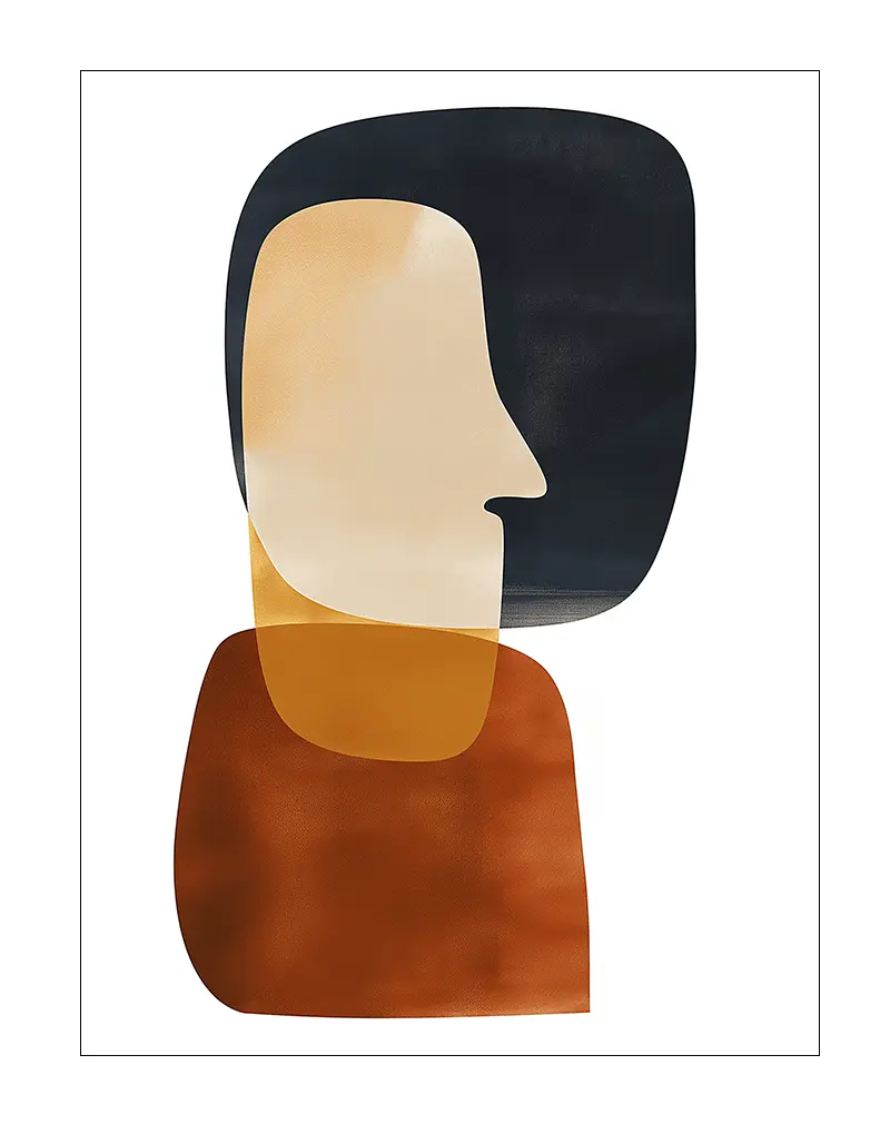 Minimalist abstract portrait of a human profile in earthy tones and geometric shapes, ideal for modern and contemporary wall decor