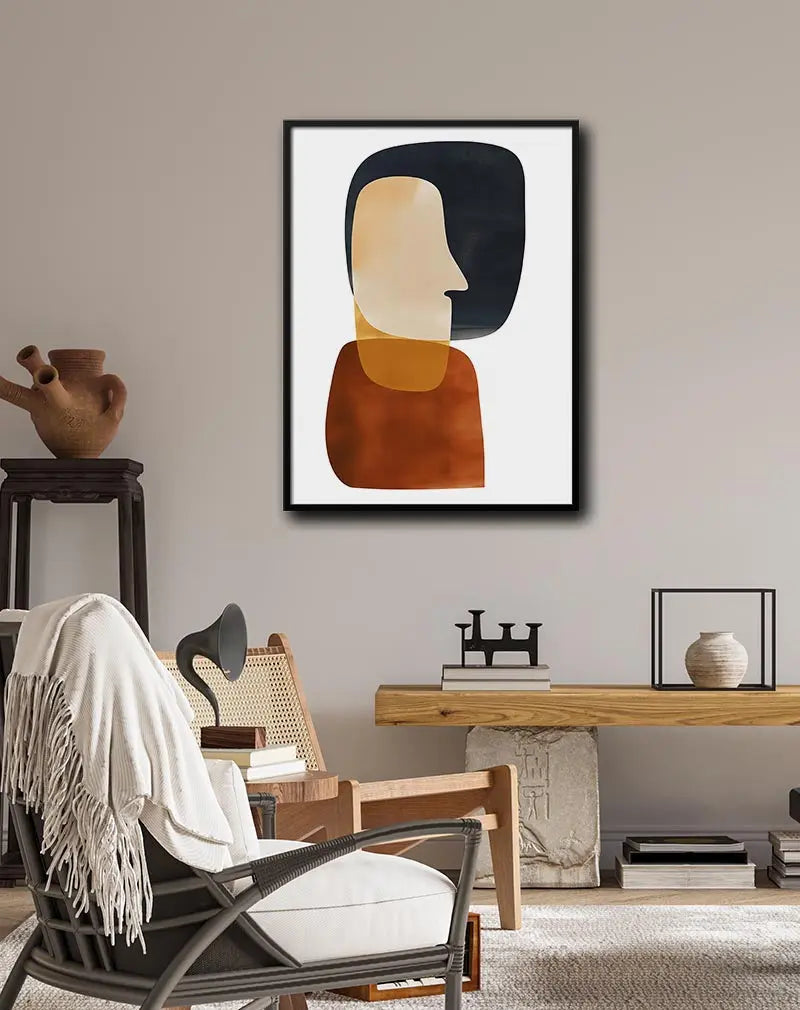 Minimalist abstract portrait of a human profile in earthy tones and geometric shapes, ideal for modern and contemporary wall decor