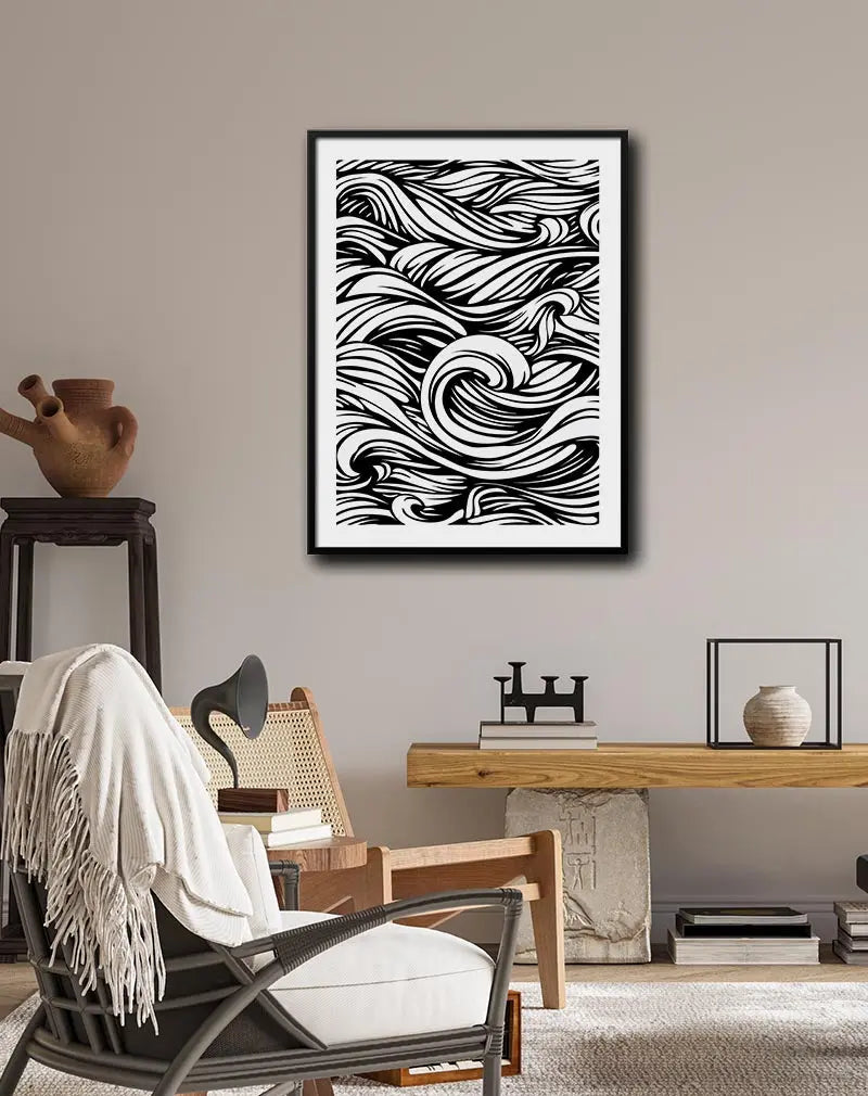 Abstract black and white wave pattern, featuring bold, flowing lines, ideal for modern and minimalist wall decor