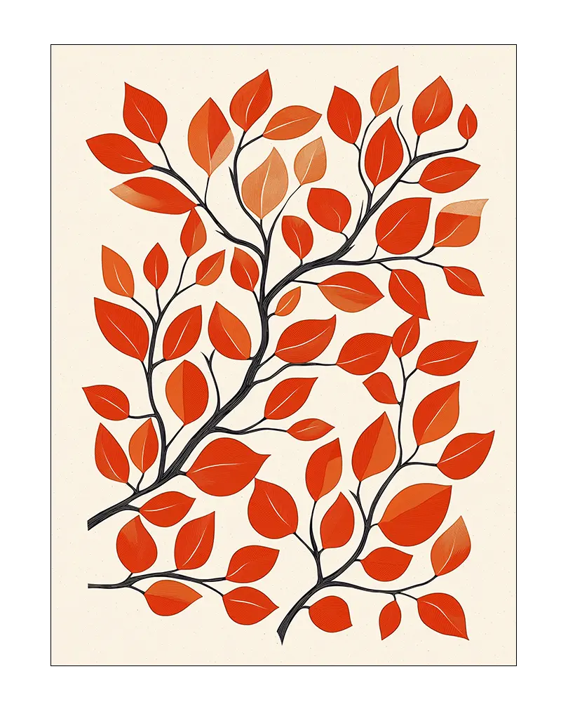 Illustration of branches with vibrant red and orange leaves, offering a bold and colorful design. Perfect wall art for adding a touch of nature and warmth.