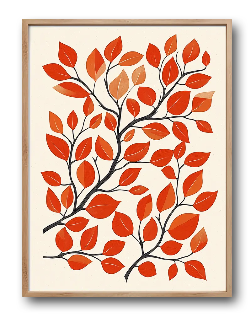 Illustration of branches with vibrant red and orange leaves, offering a bold and colorful design. Perfect wall art for adding a touch of nature and warmth.