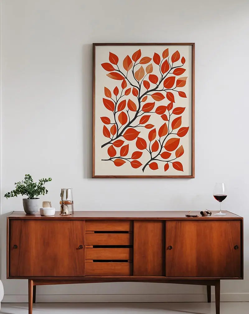 Illustration of branches with vibrant red and orange leaves, offering a bold and colorful design. Perfect wall art for adding a touch of nature and warmth.